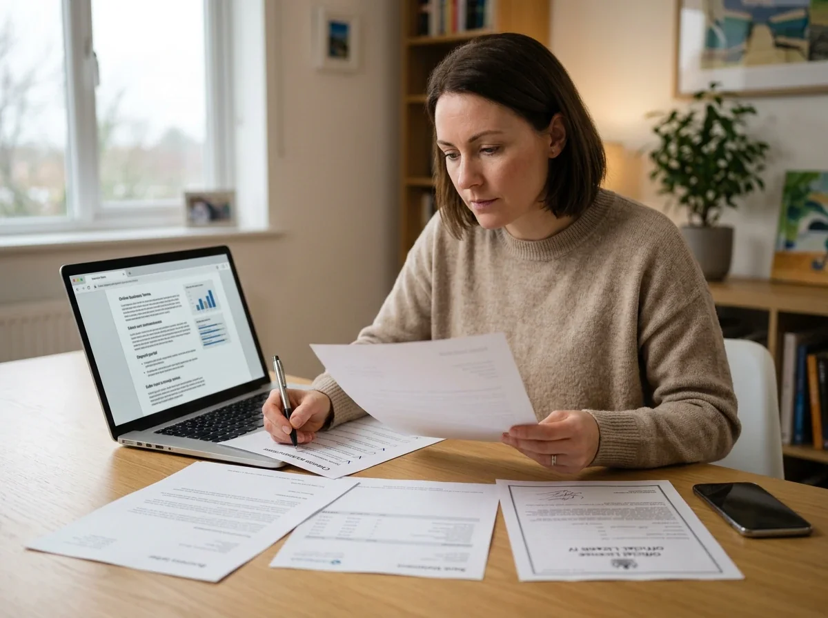 A reader reviewing official licence details, business names and terms on a laptop before depositing
