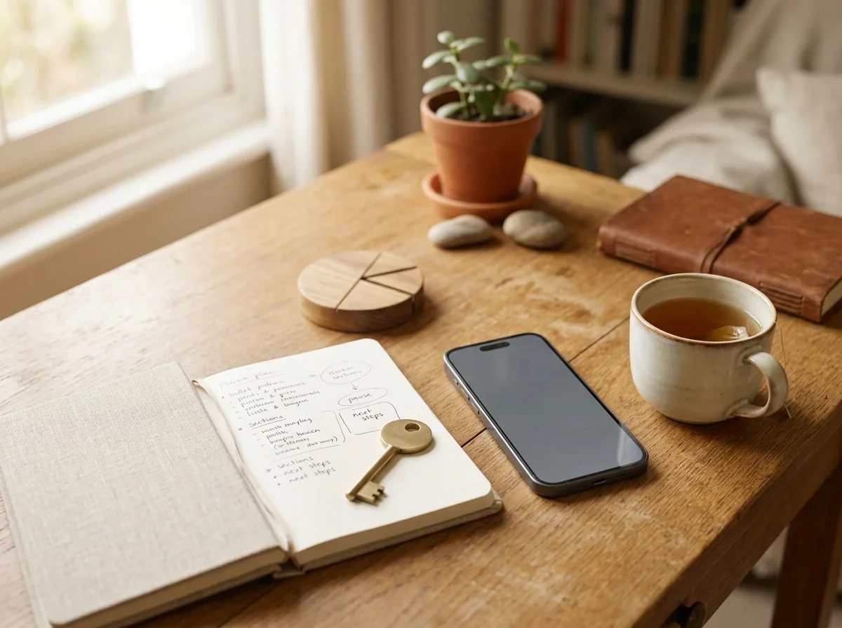 A calm support scene showing a phone, bank block settings and a written plan for safer next steps